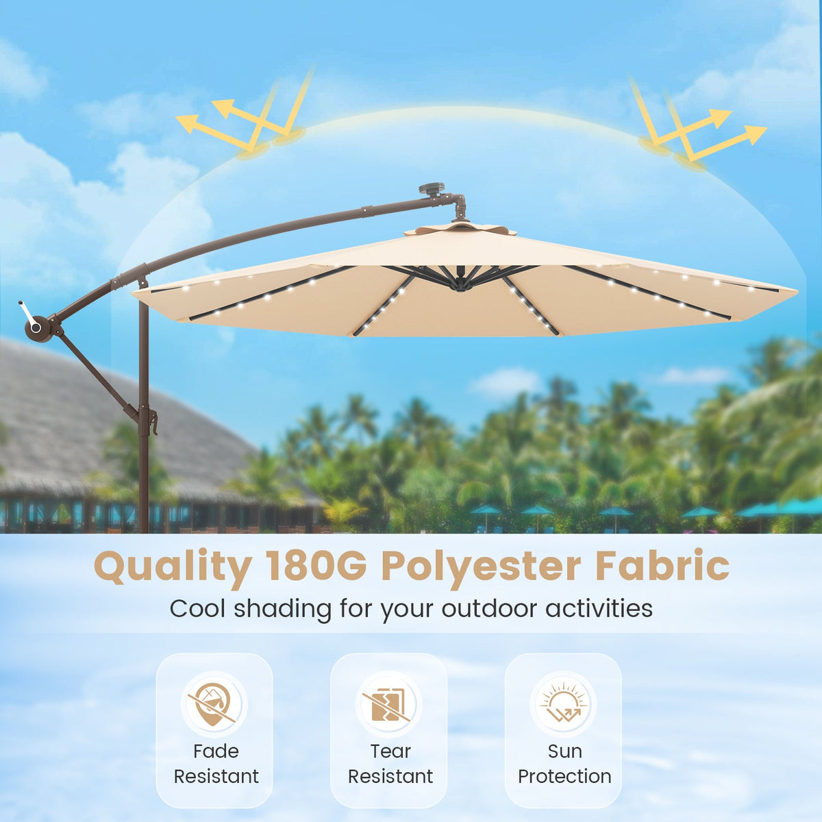 10 Feet Cantilever Umbrella with 32 LED Lights and Solar Panel Batteries