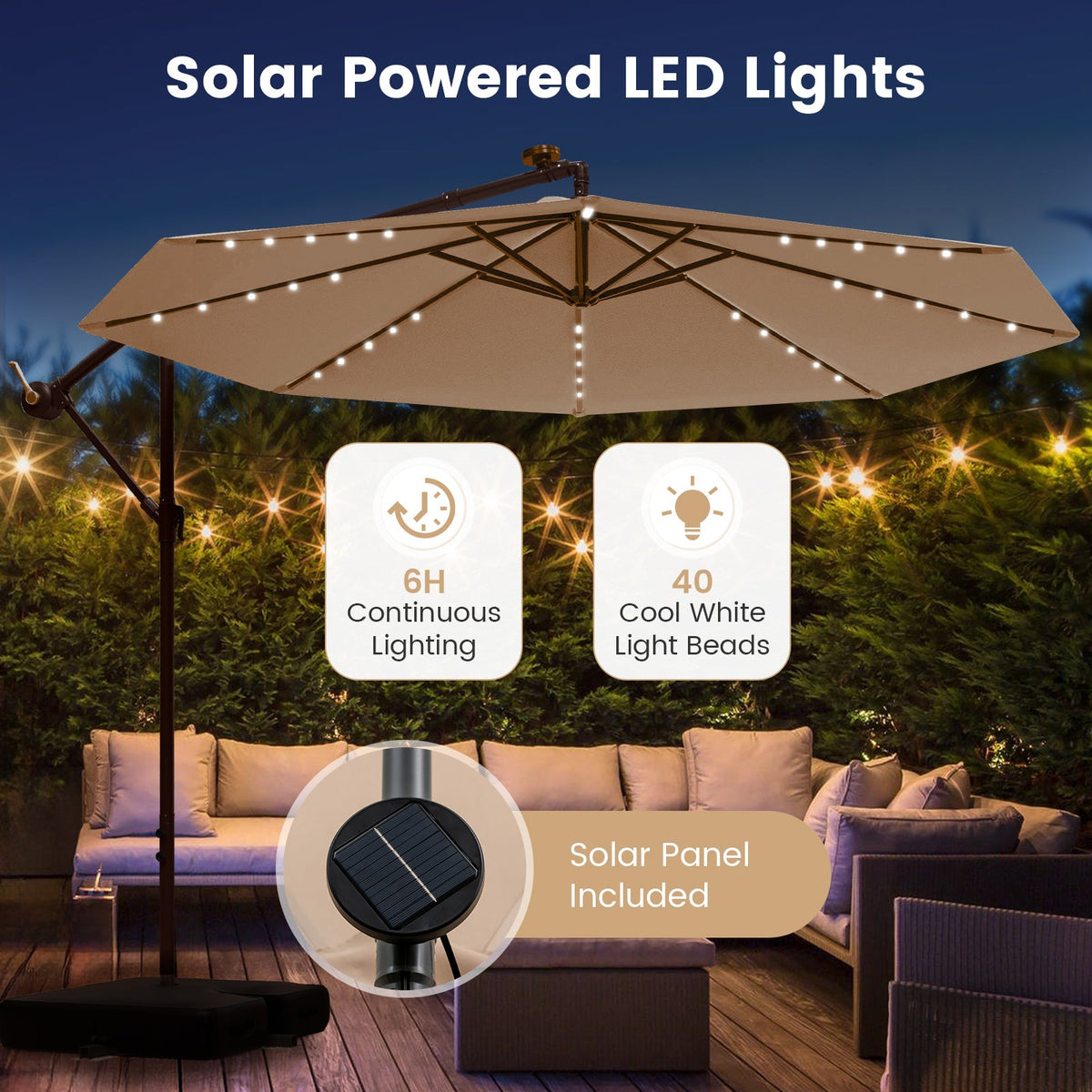 10 Feet Cantilever Umbrella with 32 LED Lights and Solar Panel Batteries