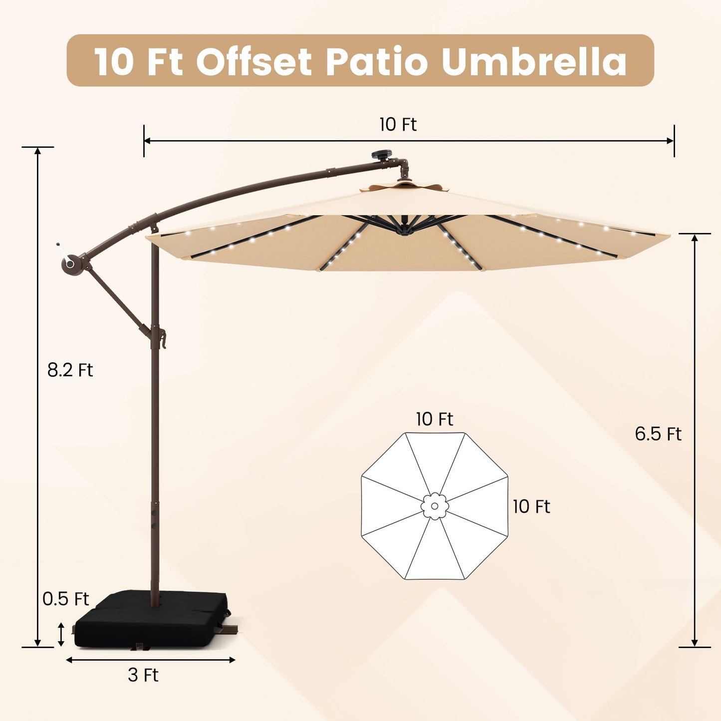 10 Feet Cantilever Umbrella with 32 LED Lights and Solar Panel Batteries