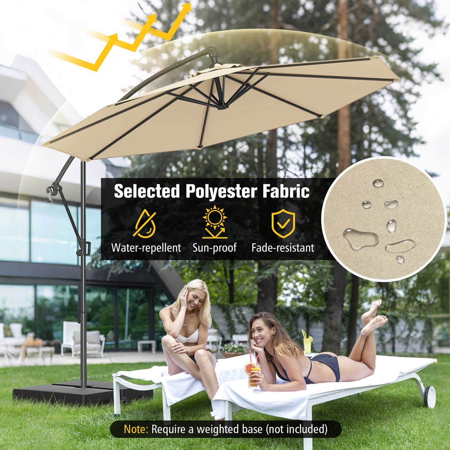 10 Feet Offset Hanging Umbrella with Base and Infinite Tilt