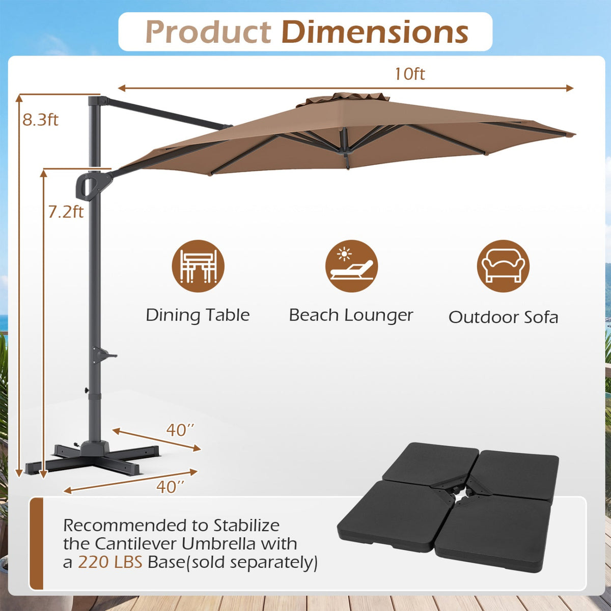 10 Feet Patio Cantilever Umbrella with Easy Tilt Adjustment