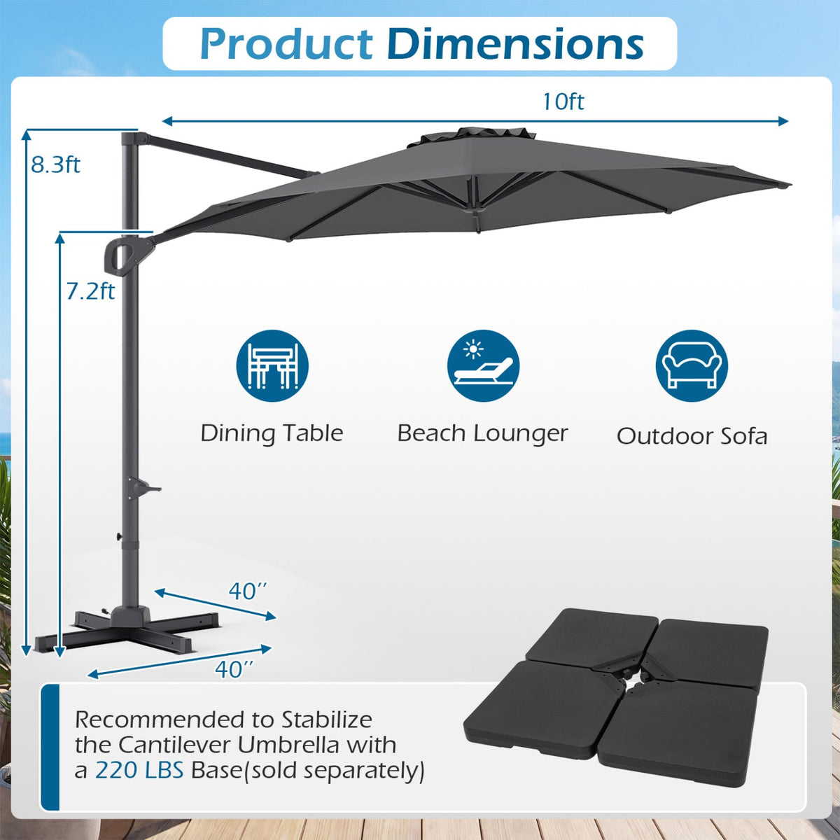 10 Feet Patio Cantilever Umbrella with Easy Tilt Adjustment