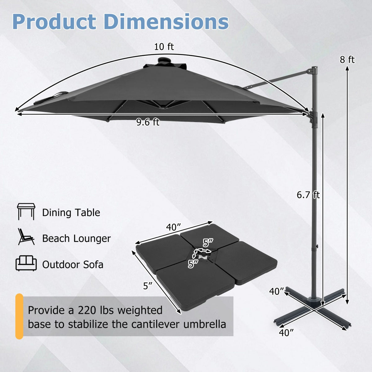 10 Feet Patio Cantilever Umbrella with Solar LED Lights