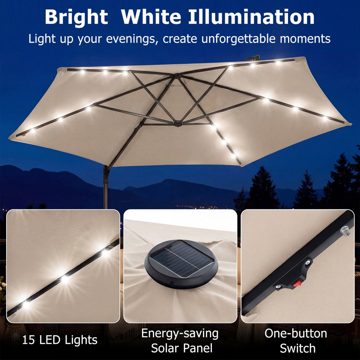 10 Feet Patio Cantilever Umbrella with Solar LED Lights
