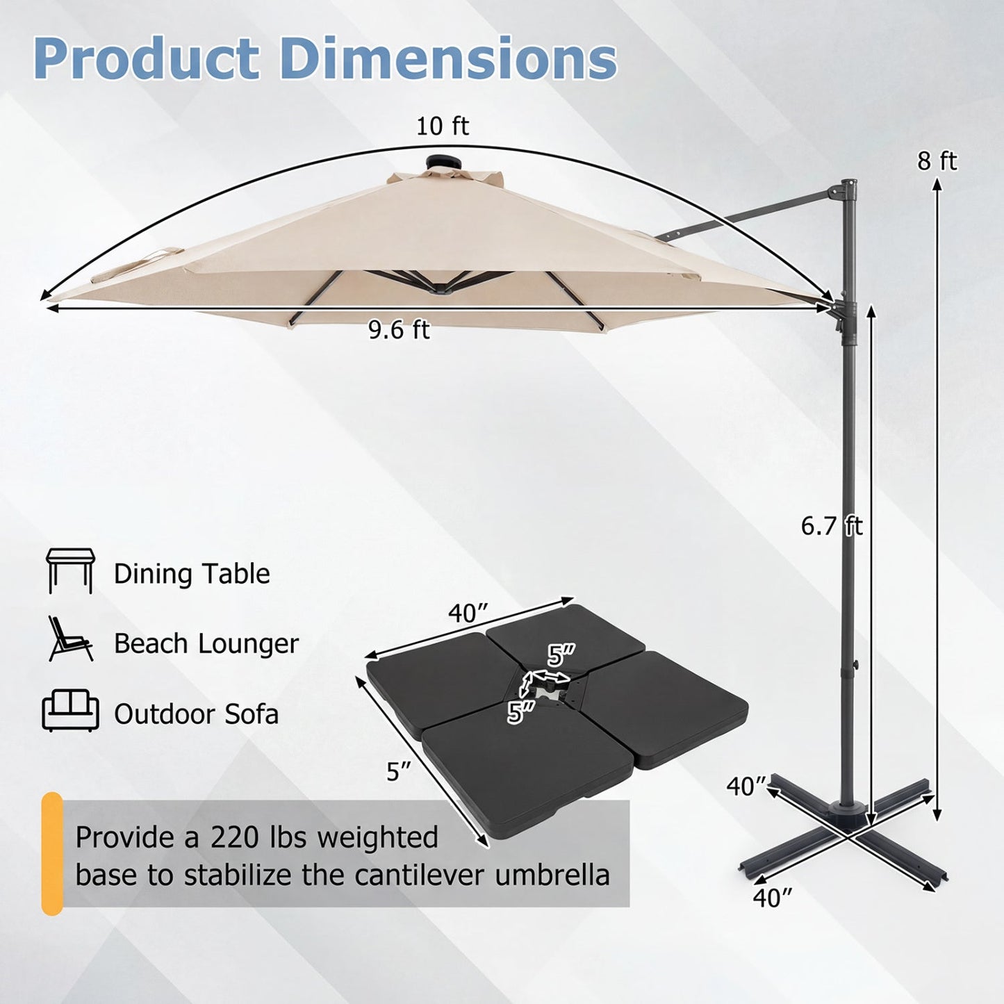 10 Feet Patio Cantilever Umbrella with Solar LED Lights