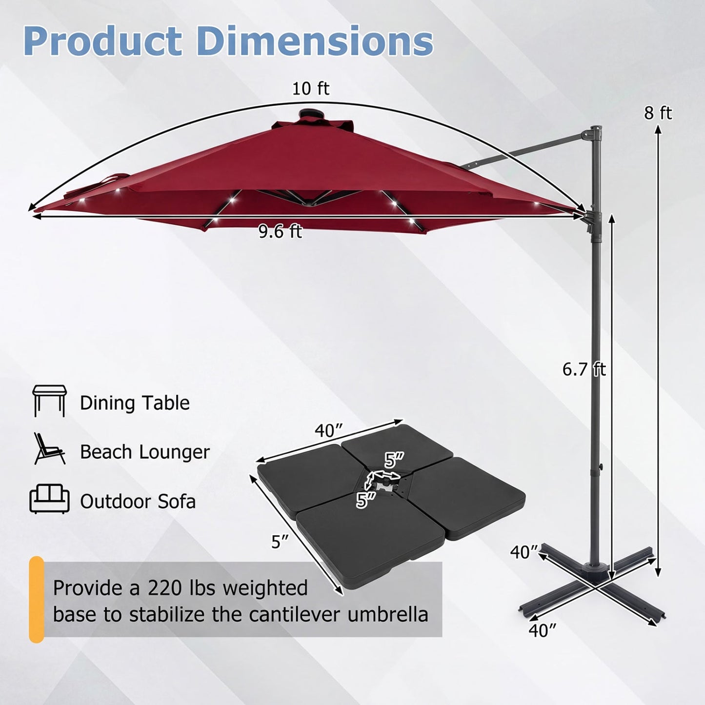 10 Feet Patio Cantilever Umbrella with Solar LED Lights