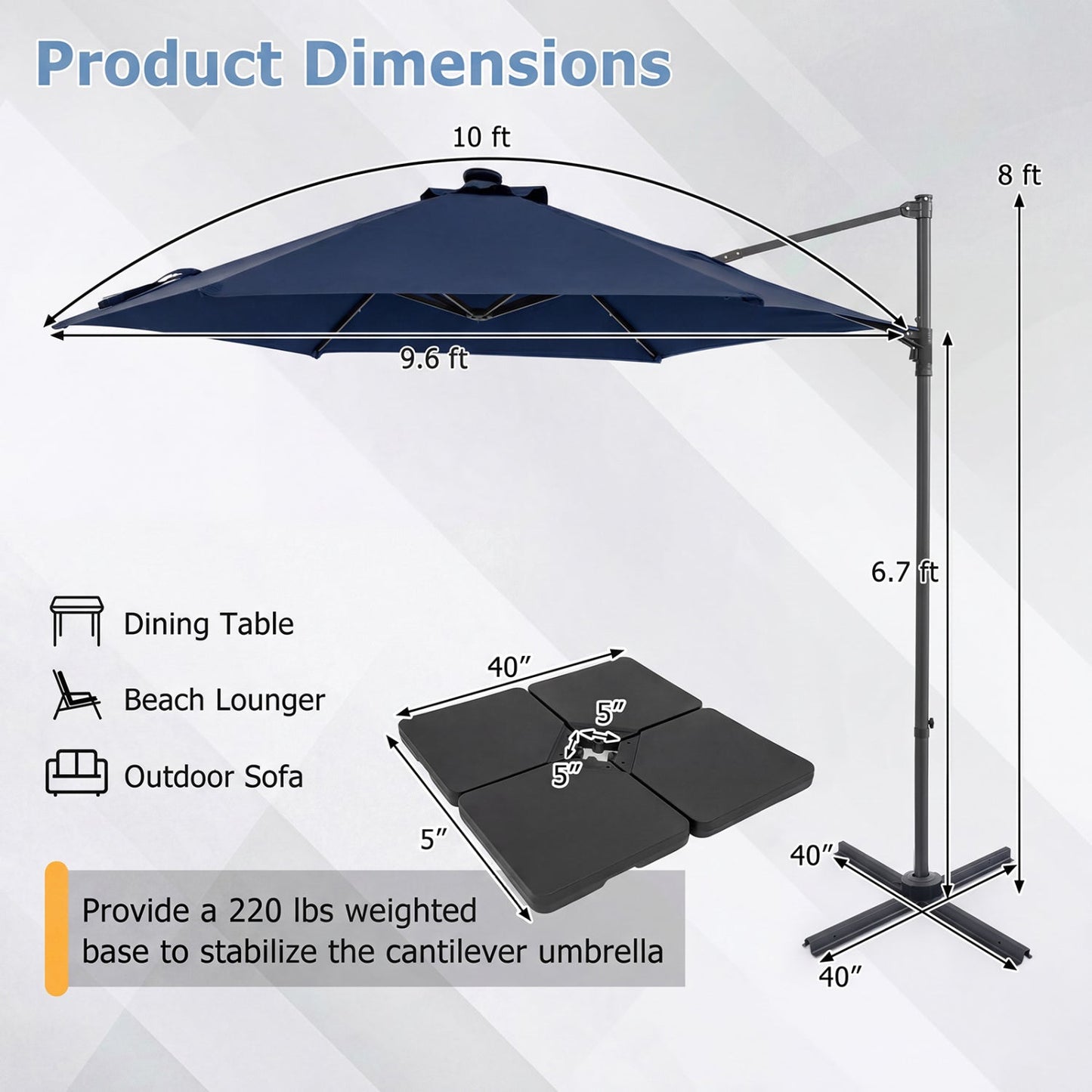 10 Feet Patio Cantilever Umbrella with Solar LED Lights