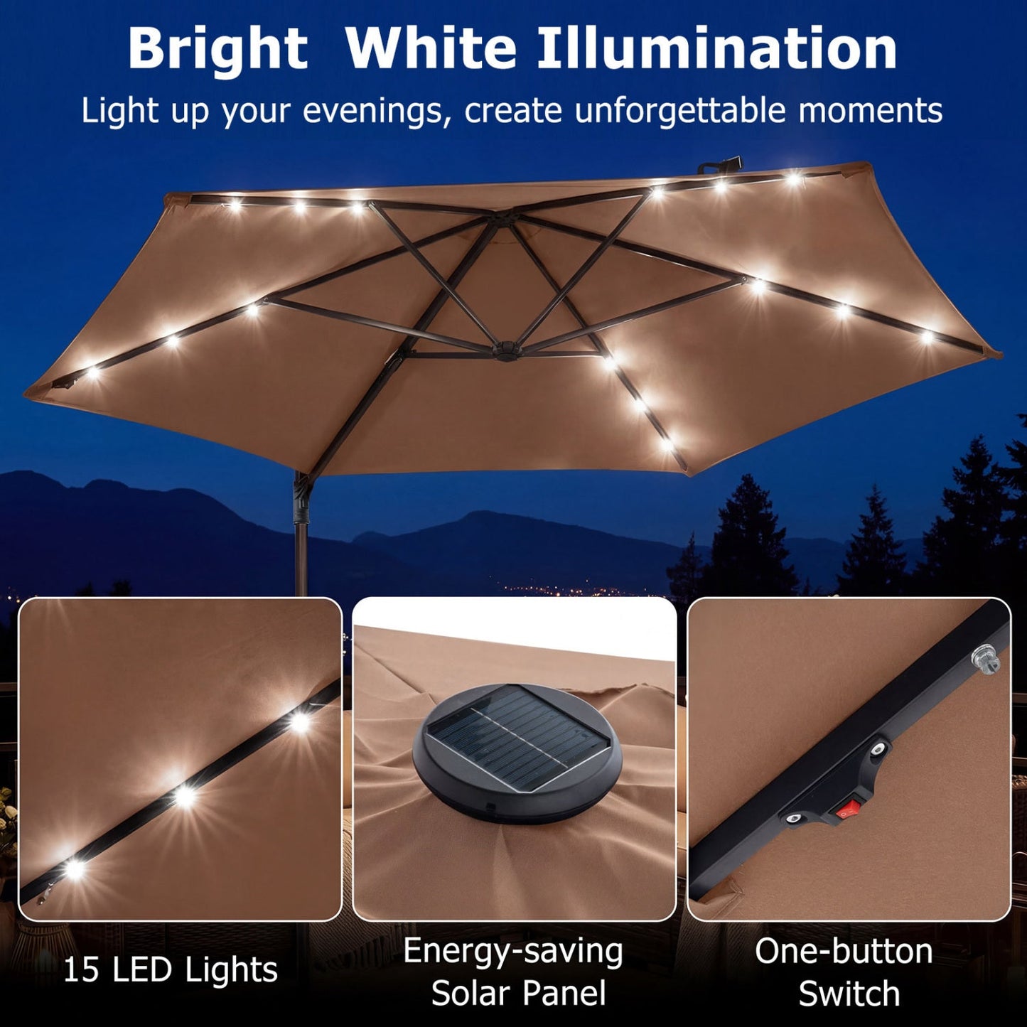 10 Feet Patio Cantilever Umbrella with Solar LED Lights