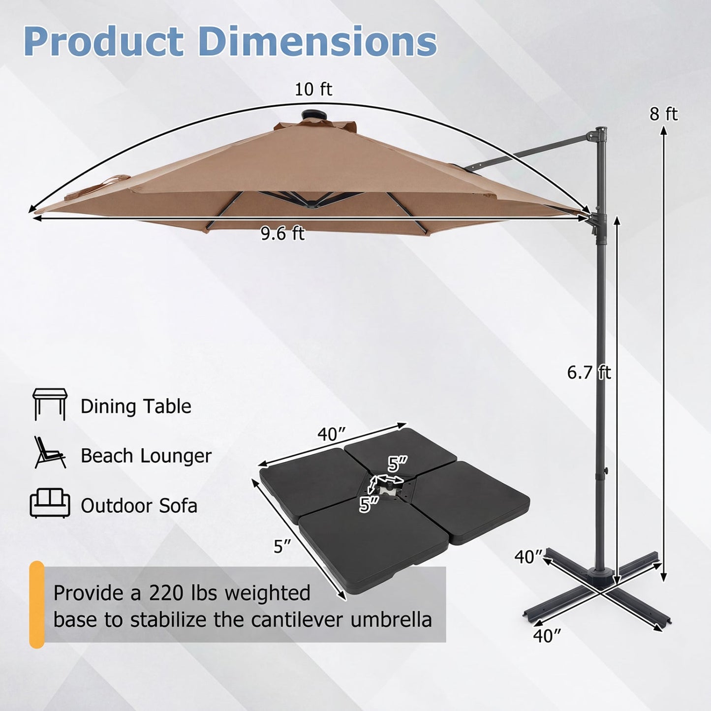 10 Feet Patio Cantilever Umbrella with Solar LED Lights
