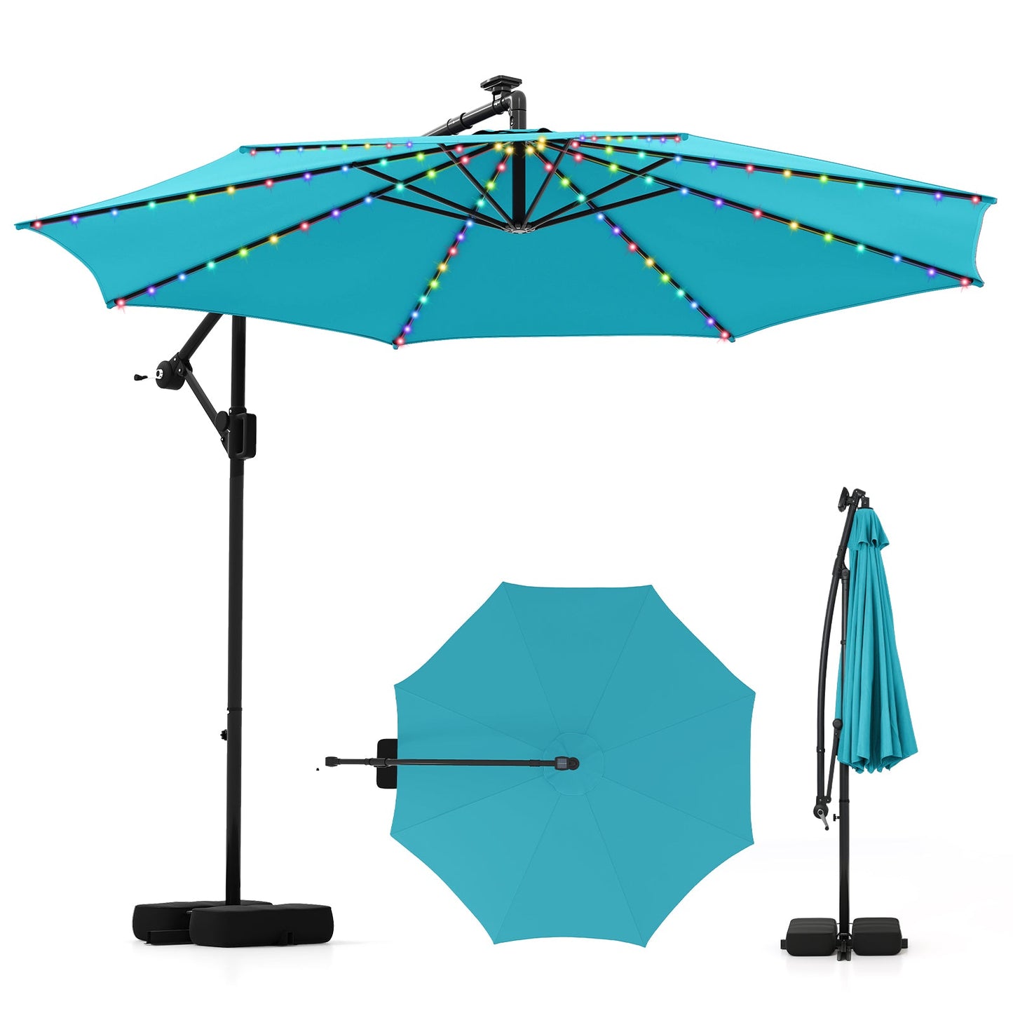 10 Feet Solar Offset Hanging Umbrella with Base and LED Lights