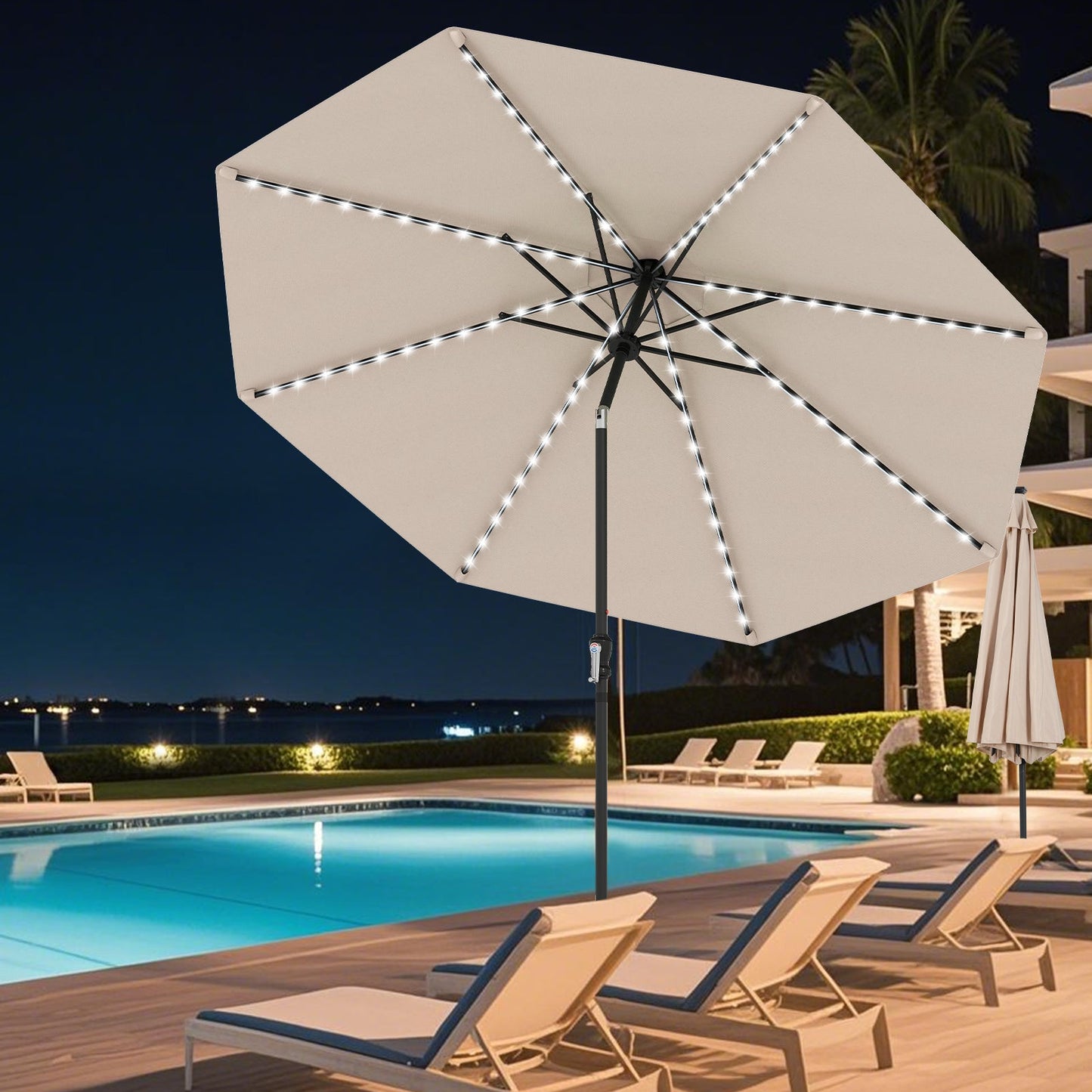 10 Feet Solar Patio Umbrella with 96 Multi-Colored Flowing LED Lights and Tilt Adjustment