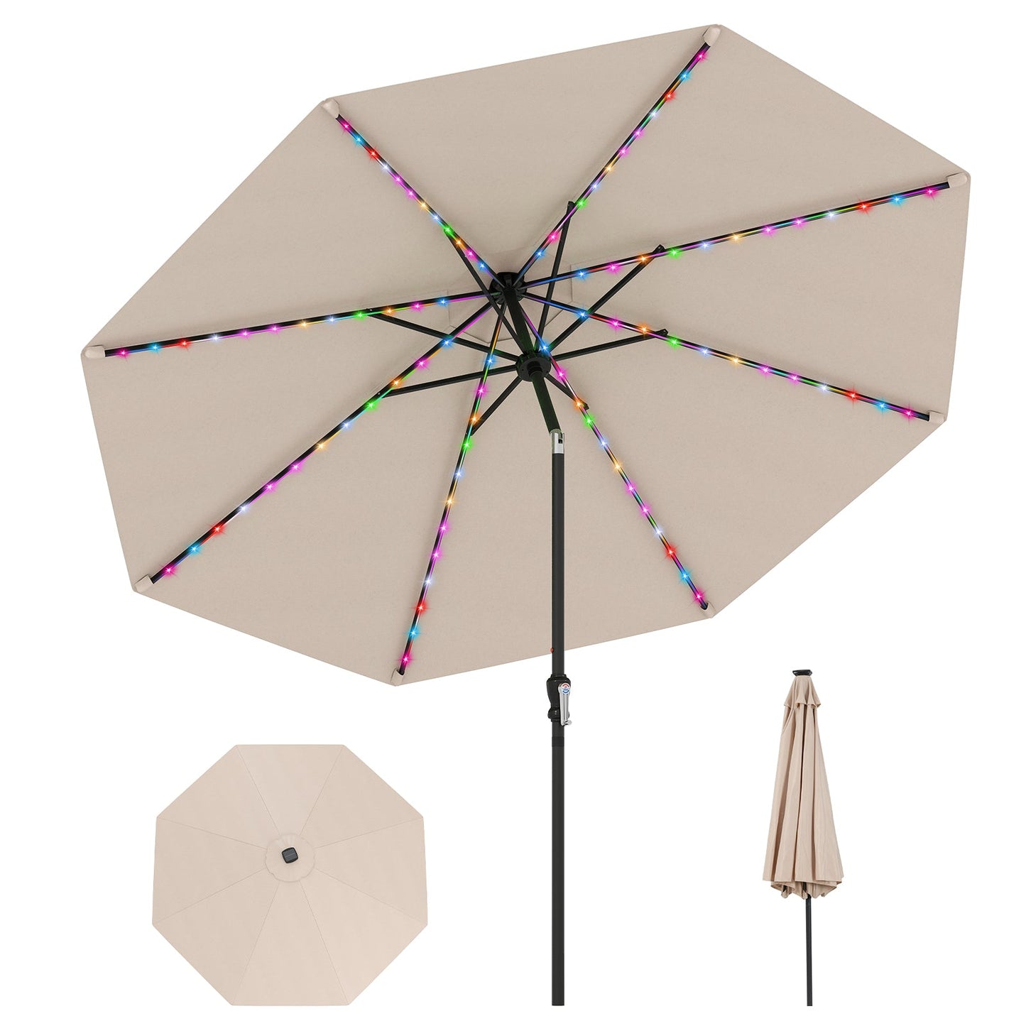 10 Feet Solar Patio Umbrella with 96 Multi-Colored Flowing LED Lights and Tilt Adjustment