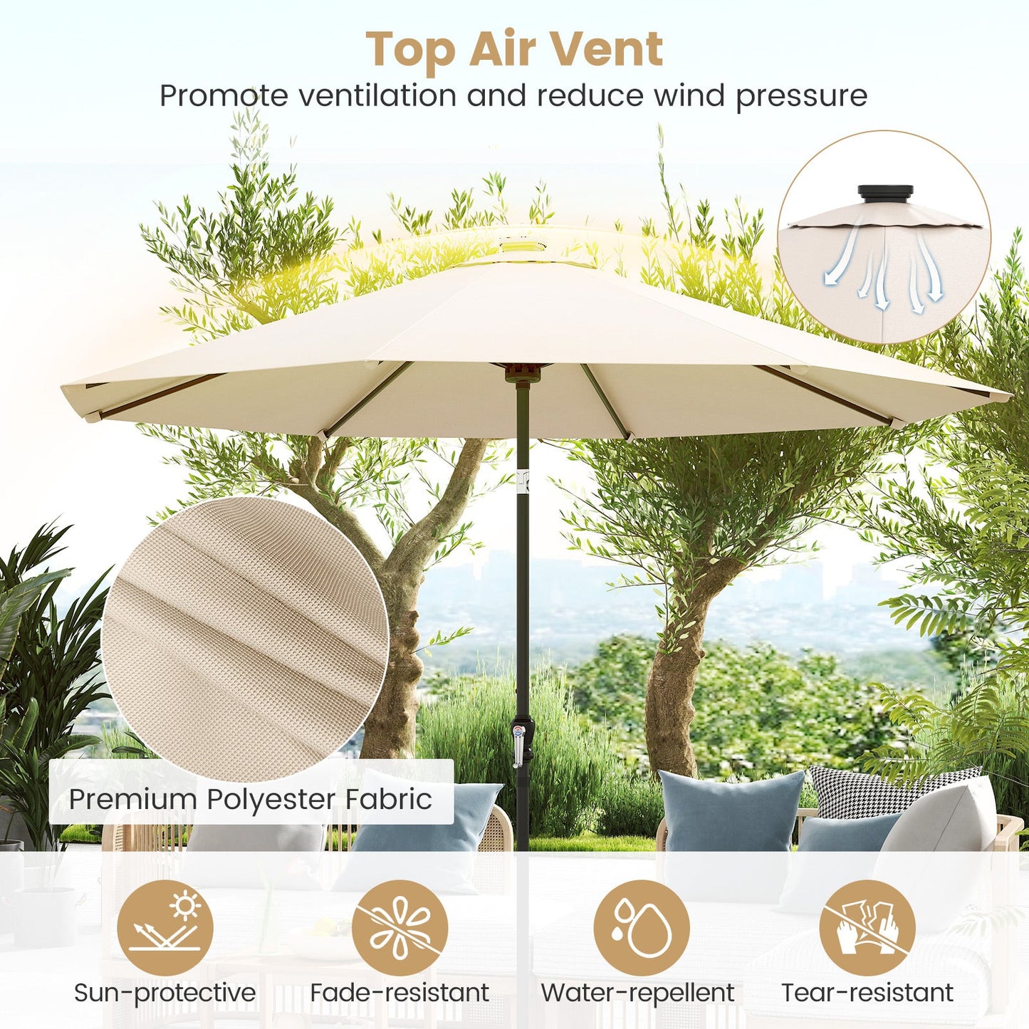 10 Feet Solar Patio Umbrella with 96 Multi-Colored Flowing LED Lights and Tilt Adjustment