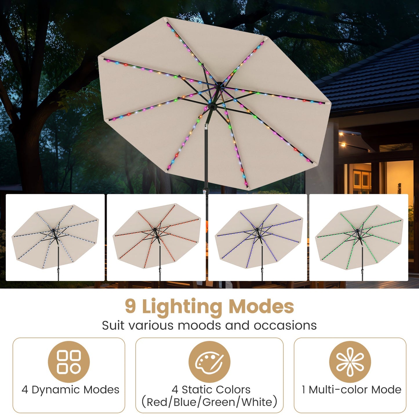 10 Feet Solar Patio Umbrella with 96 Multi-Colored Flowing LED Lights and Tilt Adjustment