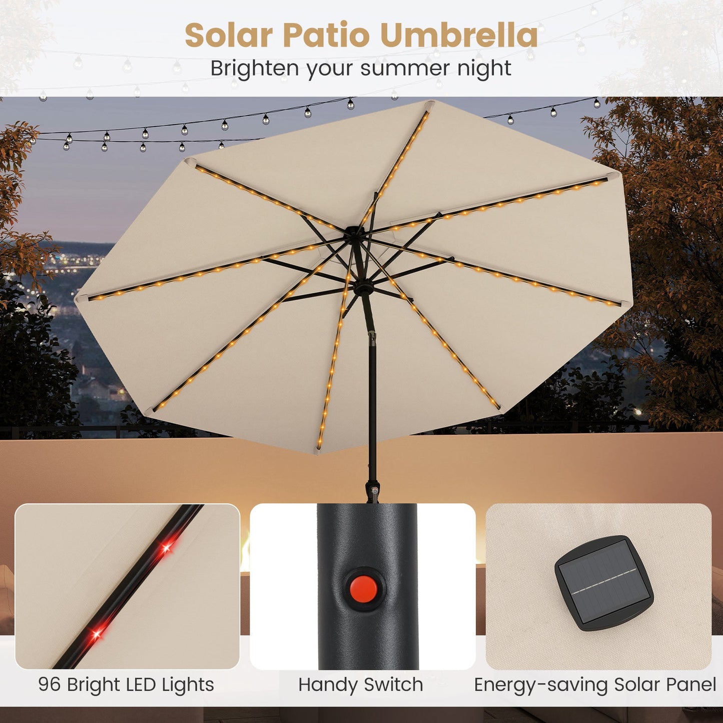10 Feet Solar Patio Umbrella with 96 Multi-Colored Flowing LED Lights and Tilt Adjustment