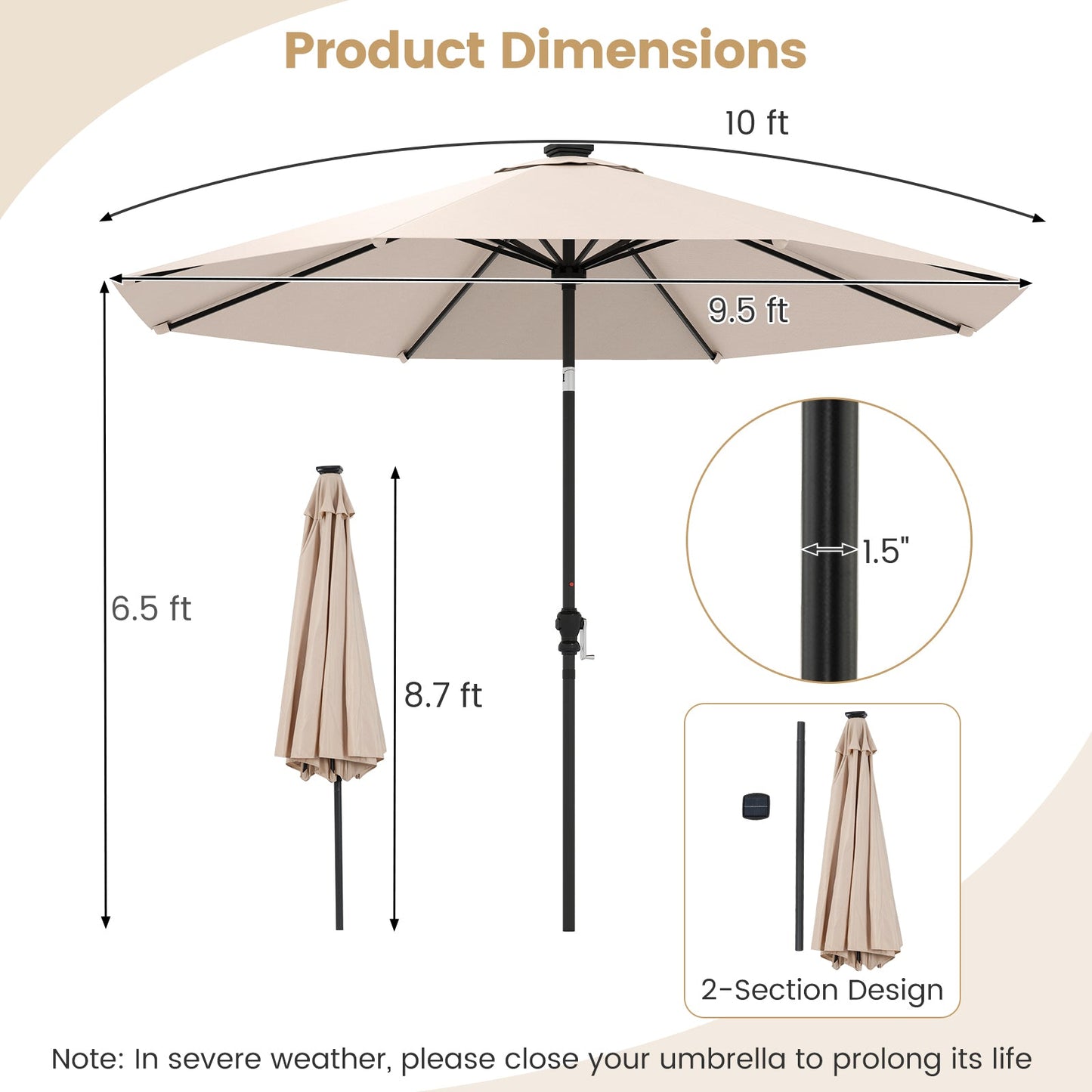 10 Feet Solar Patio Umbrella with 96 Multi-Colored Flowing LED Lights and Tilt Adjustment