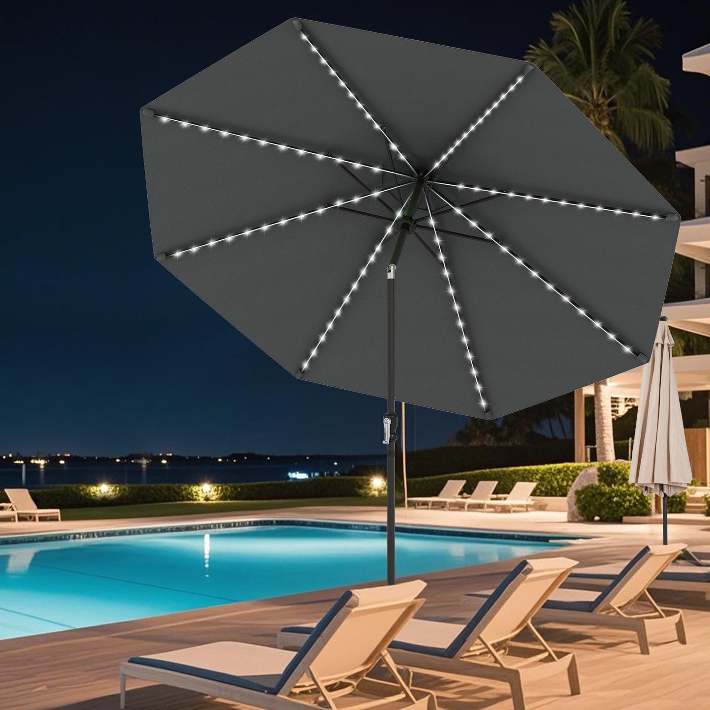 10 Feet Solar Patio Umbrella with 96 Multi-Colored Flowing LED Lights and Tilt Adjustment