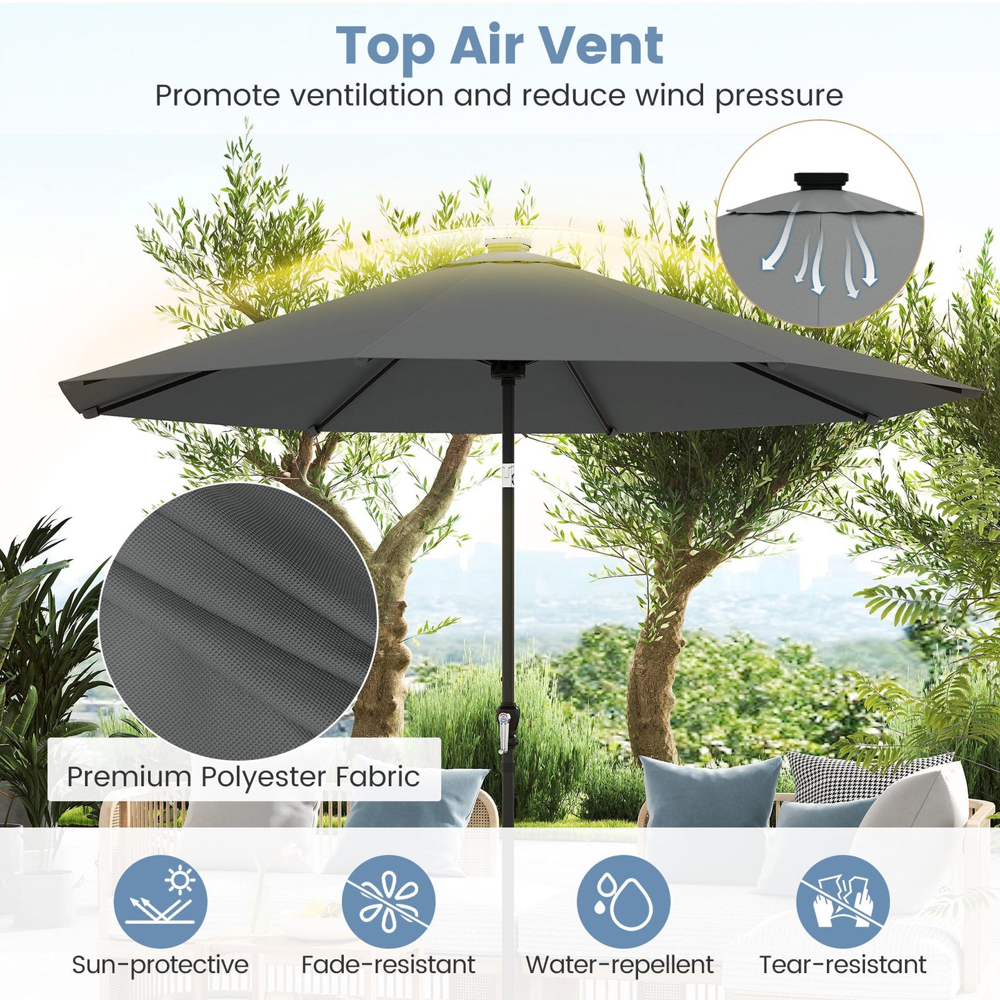 10 Feet Solar Patio Umbrella with 96 Multi-Colored Flowing LED Lights and Tilt Adjustment