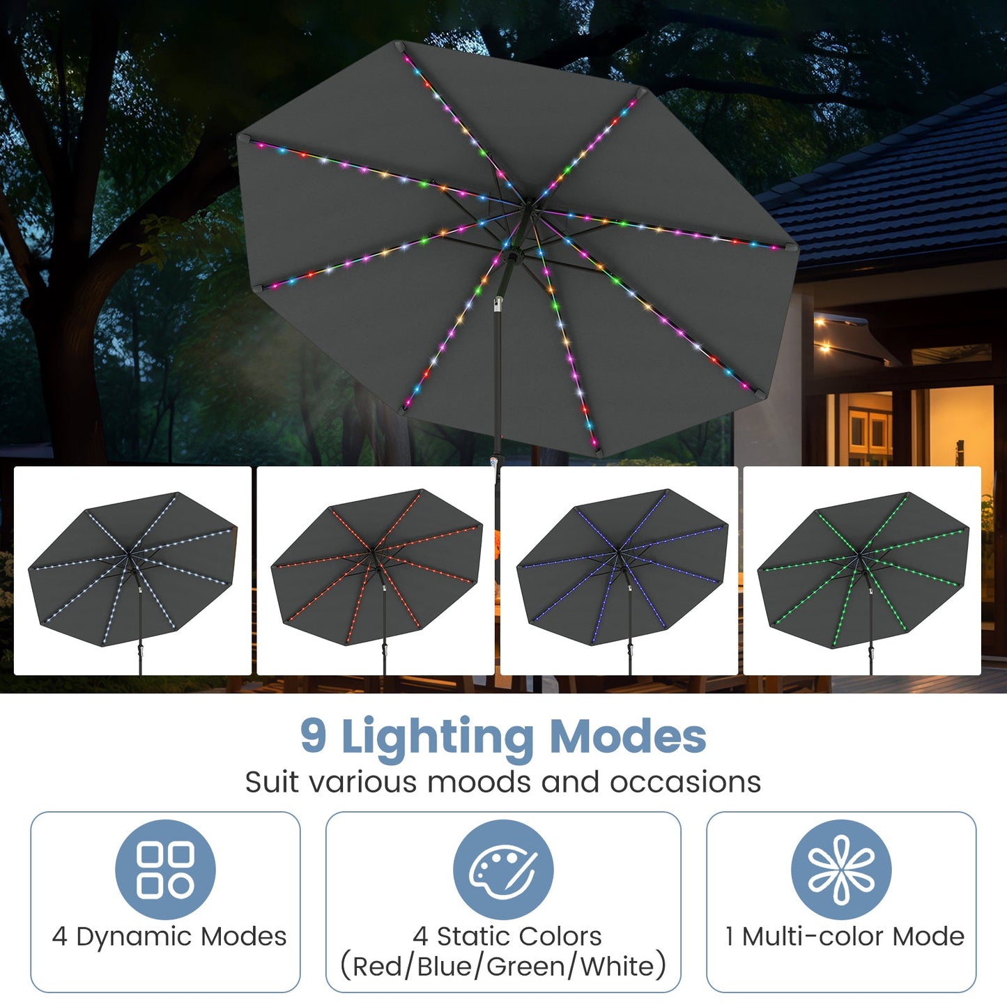 10 Feet Solar Patio Umbrella with 96 Multi-Colored Flowing LED Lights and Tilt Adjustment