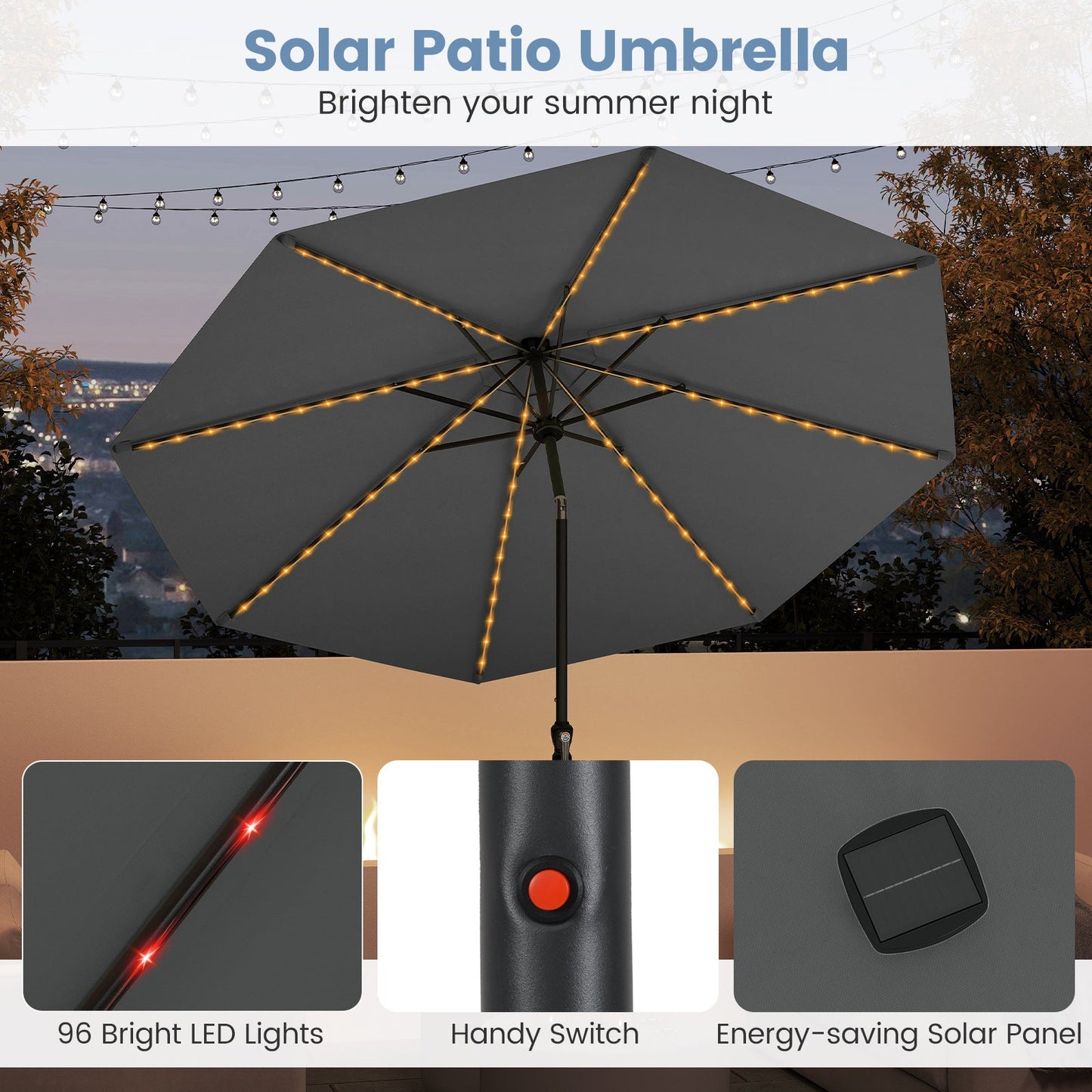 10 Feet Solar Patio Umbrella with 96 Multi-Colored Flowing LED Lights and Tilt Adjustment