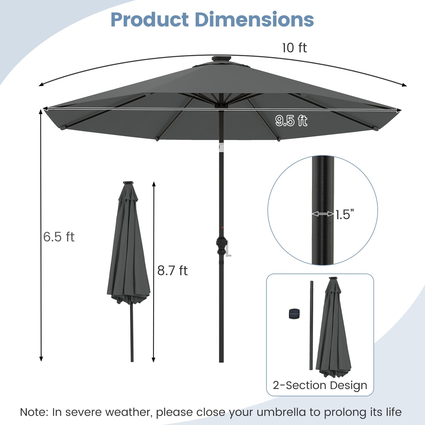 10 Feet Solar Patio Umbrella with 96 Multi-Colored Flowing LED Lights and Tilt Adjustment