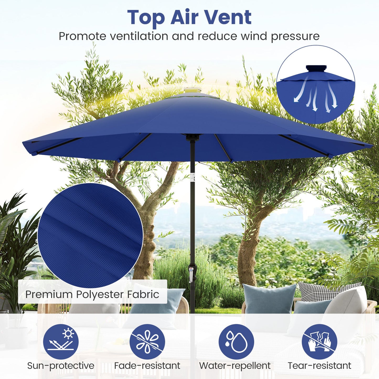 10 Feet Solar Patio Umbrella with 96 Multi-Colored Flowing LED Lights and Tilt Adjustment