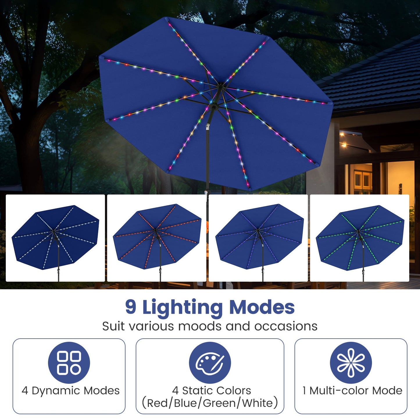 10 Feet Solar Patio Umbrella with 96 Multi-Colored Flowing LED Lights and Tilt Adjustment
