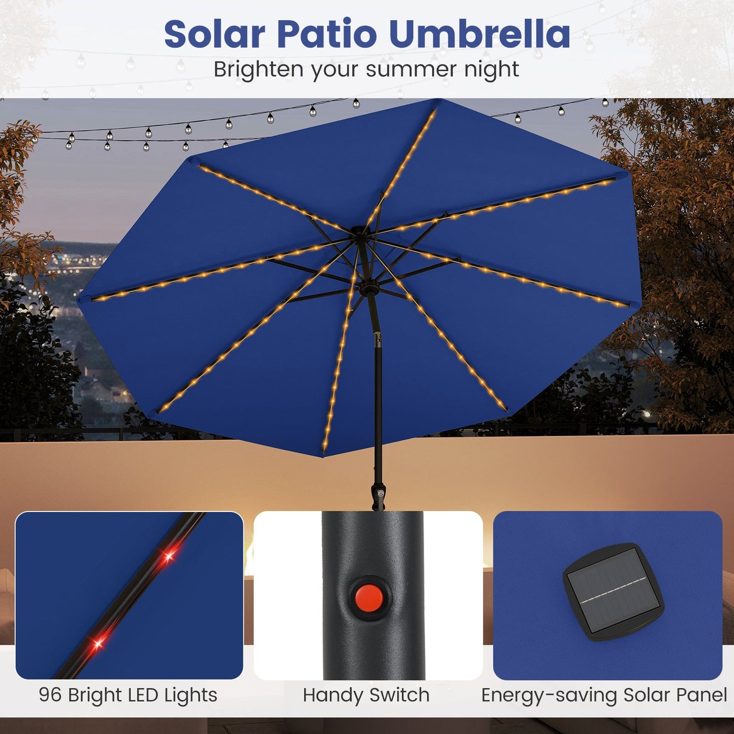 10 Feet Solar Patio Umbrella with 96 Multi-Colored Flowing LED Lights and Tilt Adjustment