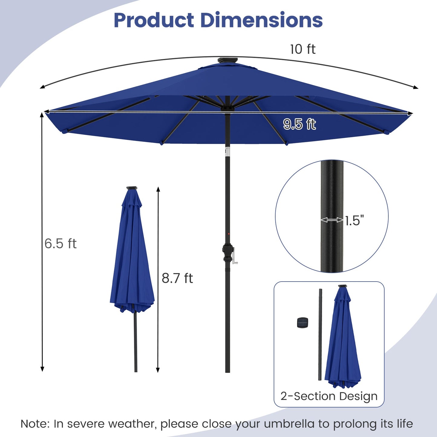 10 Feet Solar Patio Umbrella with 96 Multi-Colored Flowing LED Lights and Tilt Adjustment