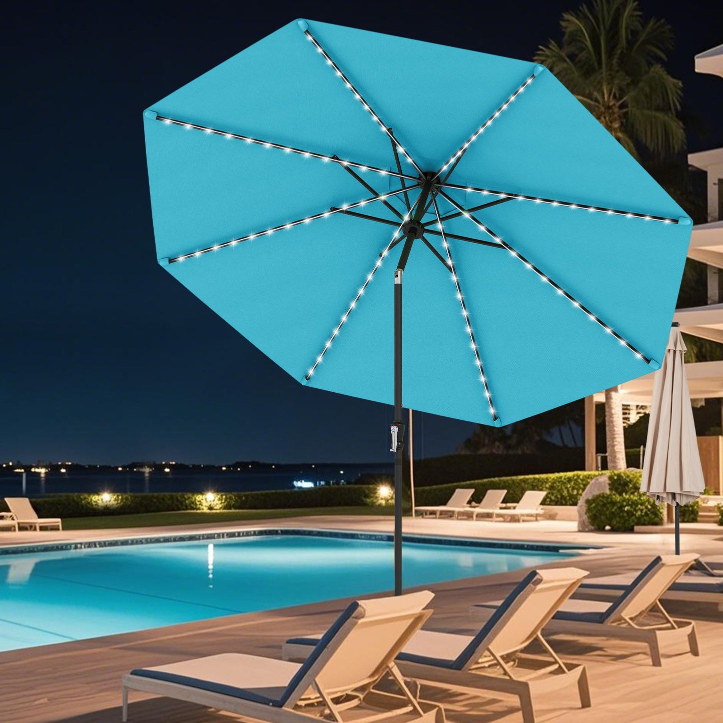 10 Feet Solar Patio Umbrella with 96 Multi-Colored Flowing LED Lights and Tilt Adjustment