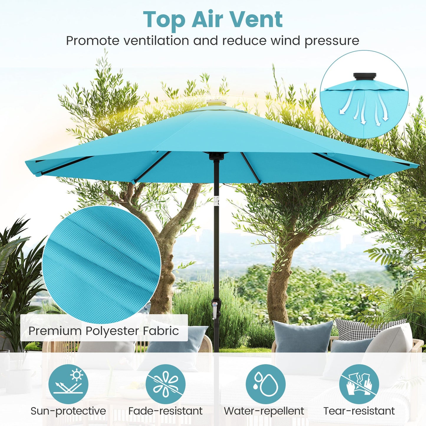 10 Feet Solar Patio Umbrella with 96 Multi-Colored Flowing LED Lights and Tilt Adjustment