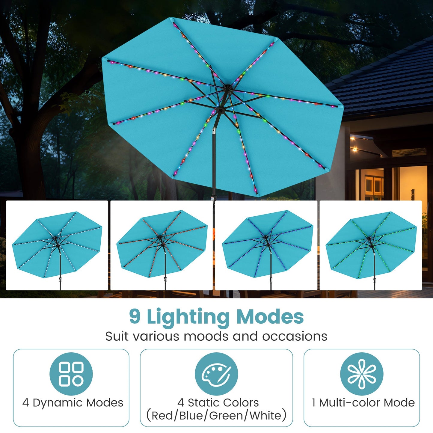 10 Feet Solar Patio Umbrella with 96 Multi-Colored Flowing LED Lights and Tilt Adjustment