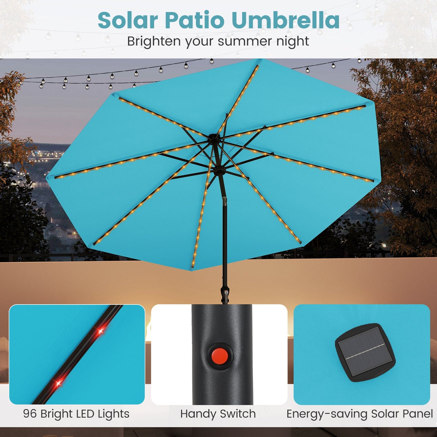 10 Feet Solar Patio Umbrella with 96 Multi-Colored Flowing LED Lights and Tilt Adjustment
