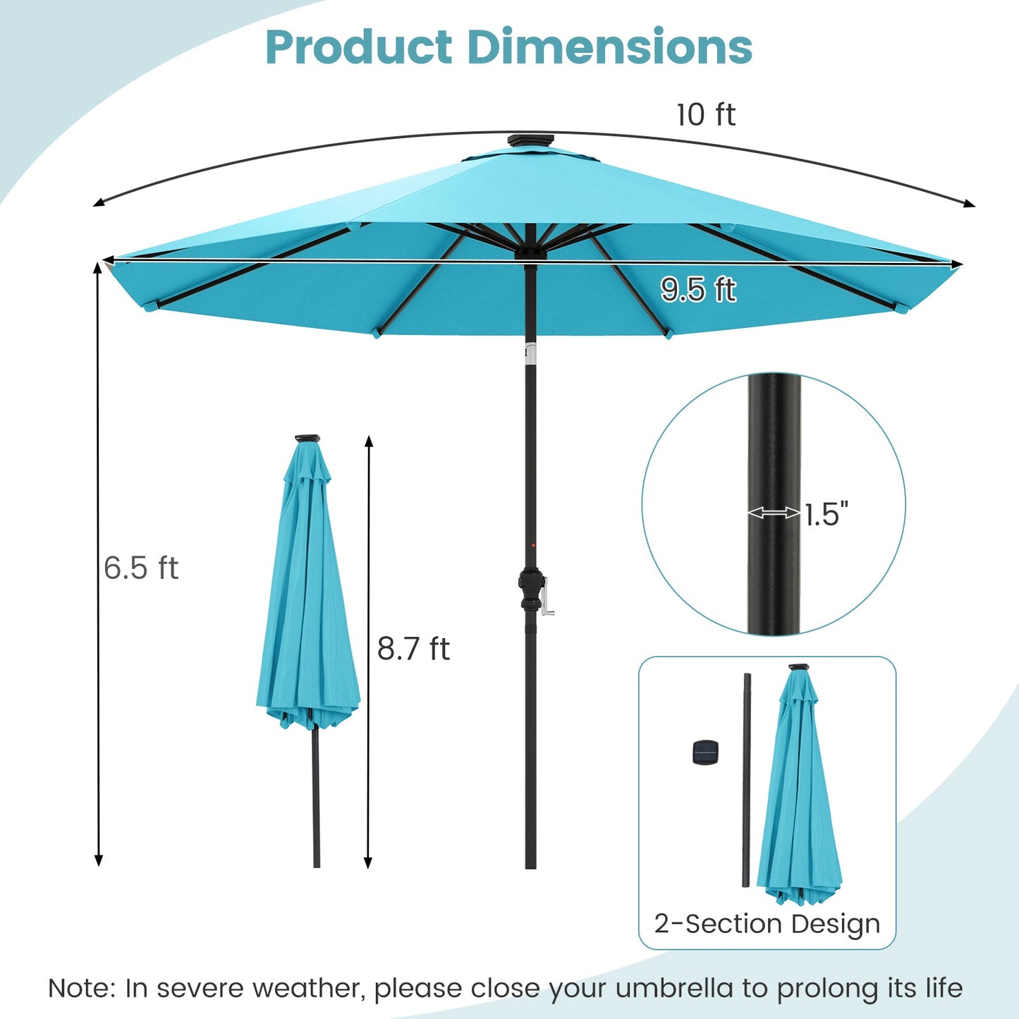 10 Feet Solar Patio Umbrella with 96 Multi-Colored Flowing LED Lights and Tilt Adjustment