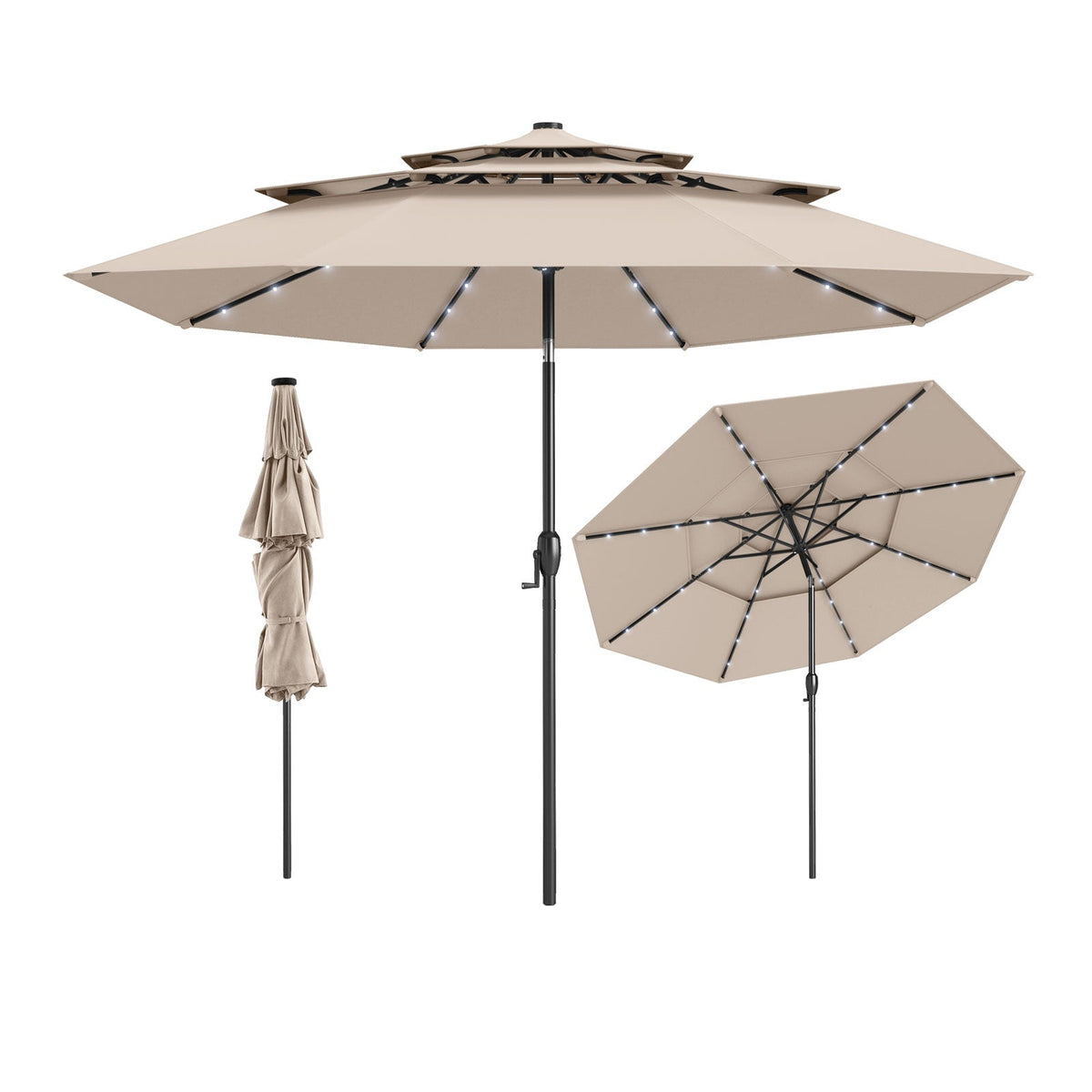 10 Feet Solar Patio Umbrella with 32 LED Lights 3-Tier Vented Top