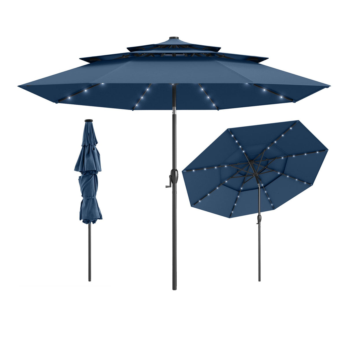 10 Feet Solar Patio Umbrella with 32 LED Lights 3-Tier Vented Top