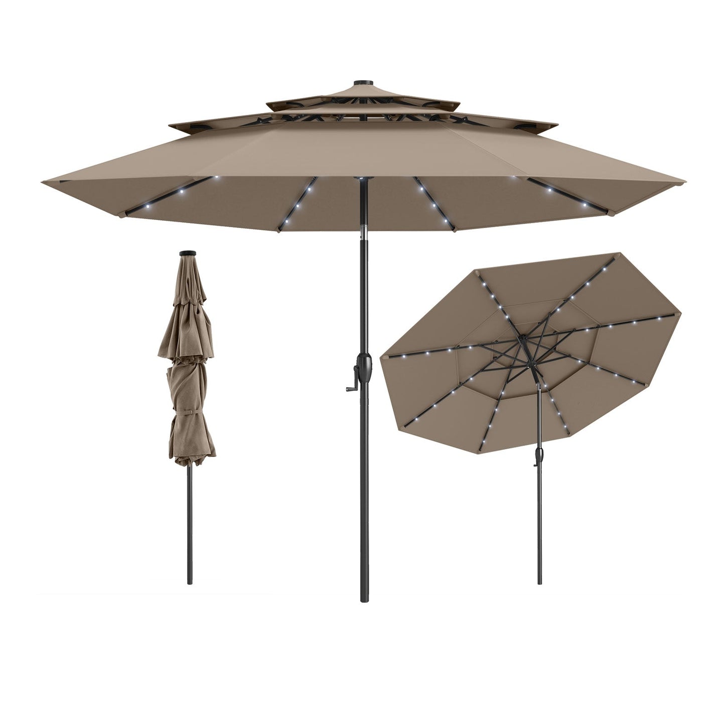 10 Feet Solar Patio Umbrella with 32 LED Lights 3-Tier Vented Top