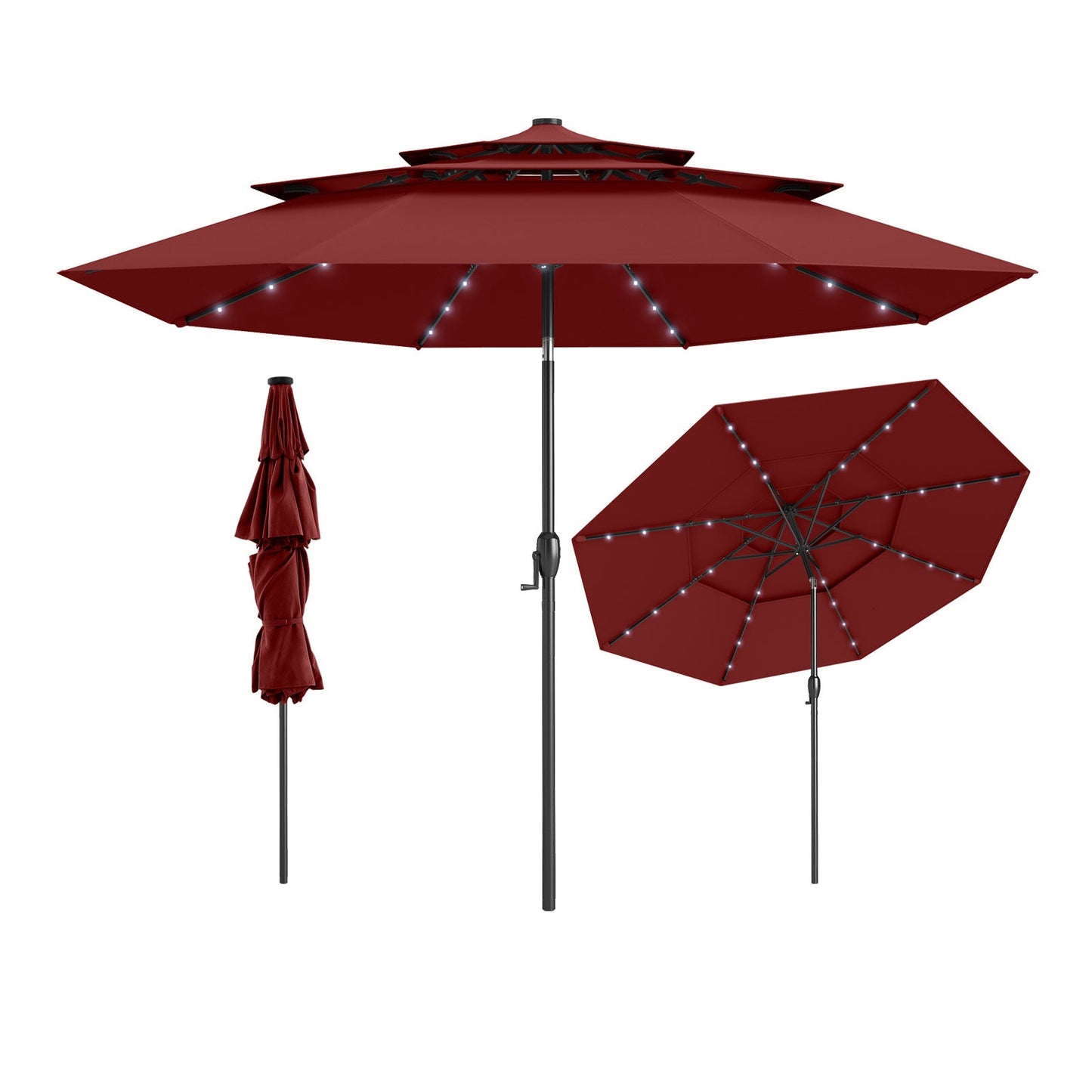 10 Feet Solar Patio Umbrella with 32 LED Lights 3-Tier Vented Top