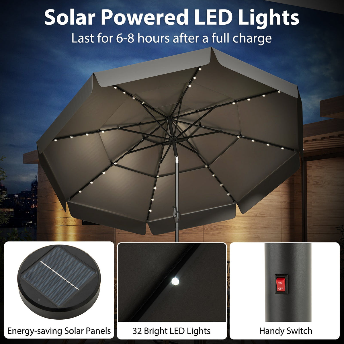 10 Feet Solar Patio Umbrella with 3-Tier Vented Top