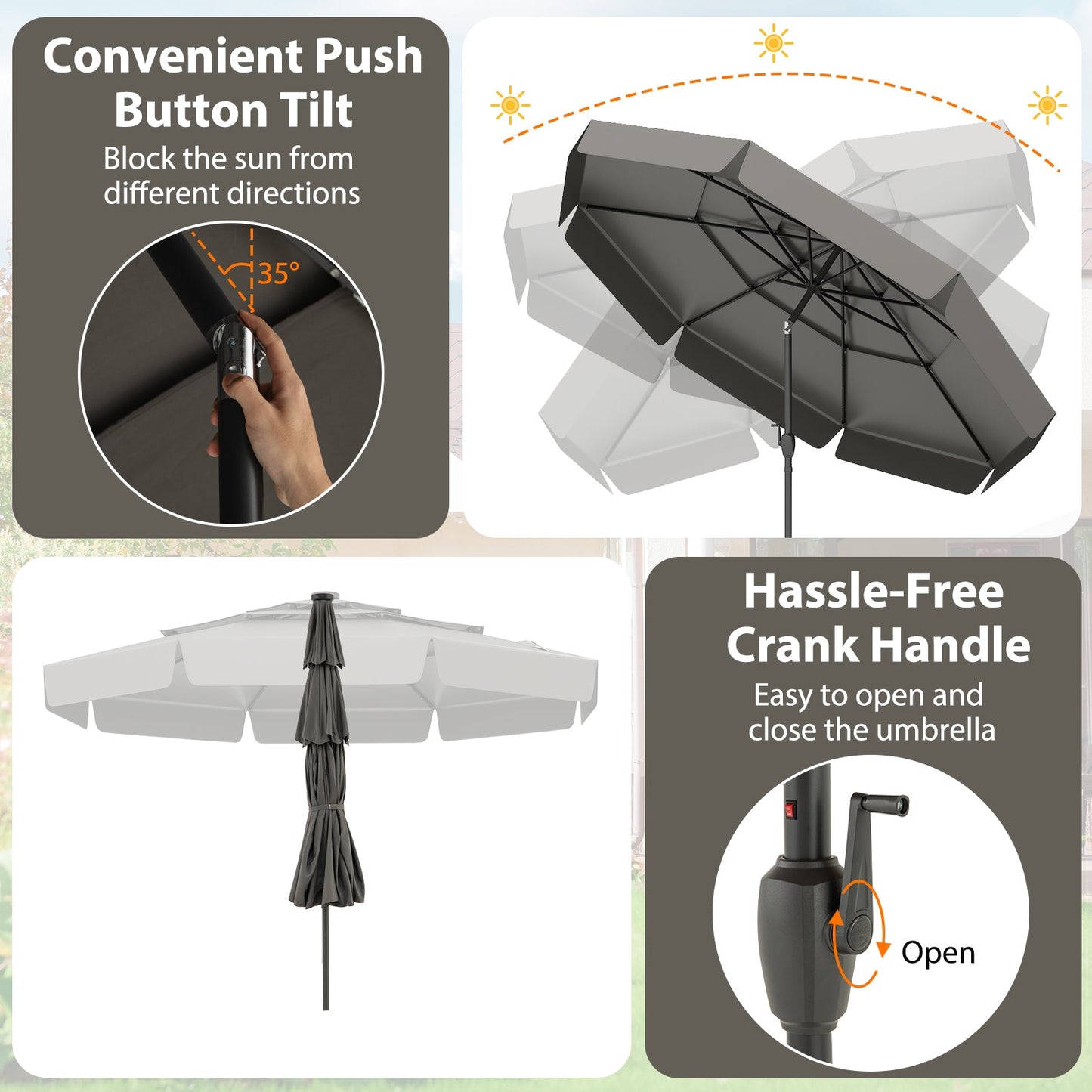 10 Feet Solar Patio Umbrella with 3-Tier Vented Top