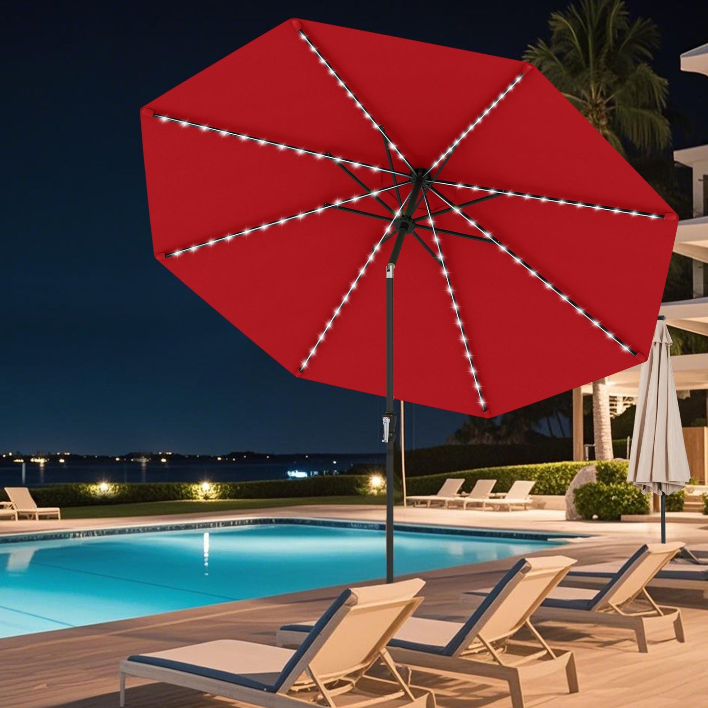 10 Feet Solar Patio Umbrella with 96 Multi-Colored Flowing LED Lights and Tilt Adjustment