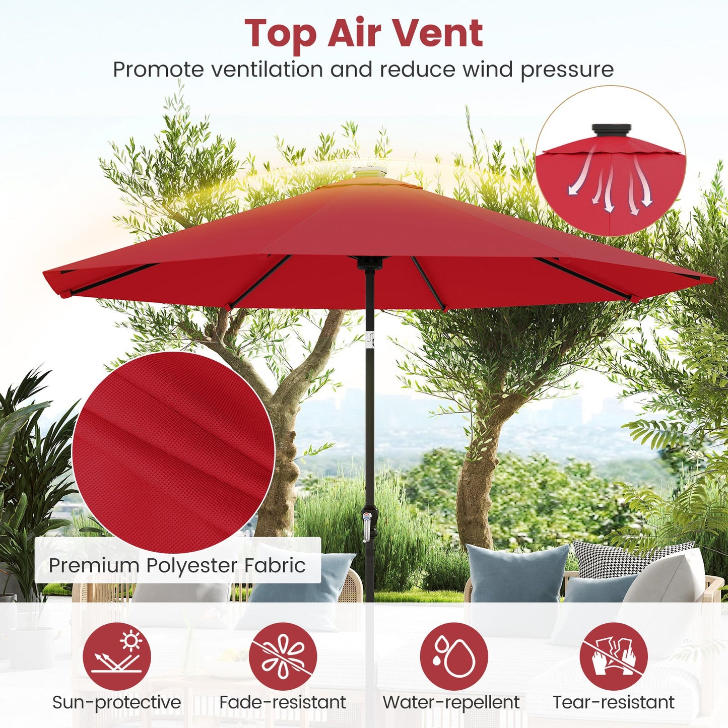 10 Feet Solar Patio Umbrella with 96 Multi-Colored Flowing LED Lights and Tilt Adjustment