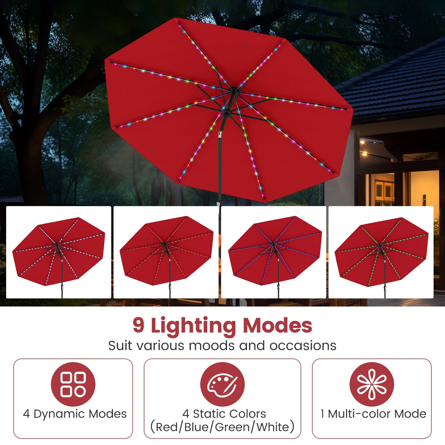 10 Feet Solar Patio Umbrella with 96 Multi-Colored Flowing LED Lights and Tilt Adjustment