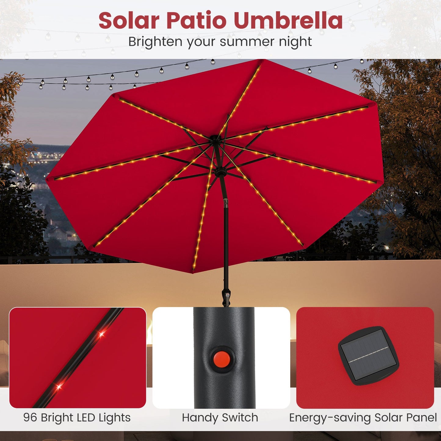 10 Feet Solar Patio Umbrella with 96 Multi-Colored Flowing LED Lights and Tilt Adjustment