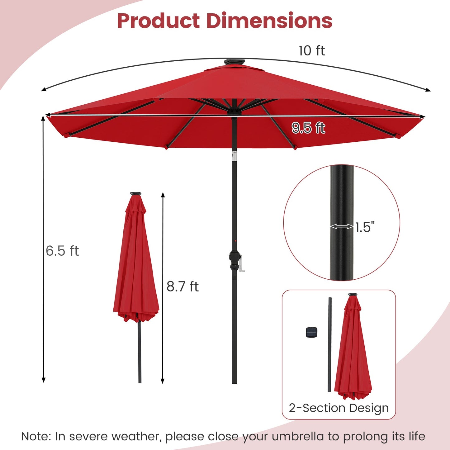 10 Feet Solar Patio Umbrella with 96 Multi-Colored Flowing LED Lights and Tilt Adjustment