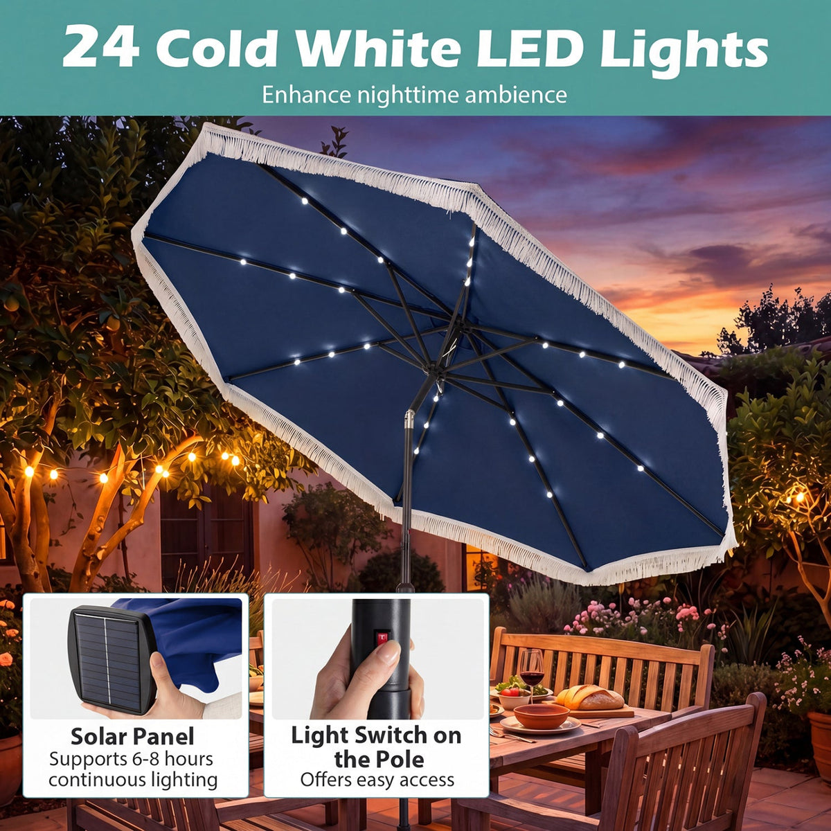 10 Feet Solar Patio Umbrella with 24 LED Lights for Yard
