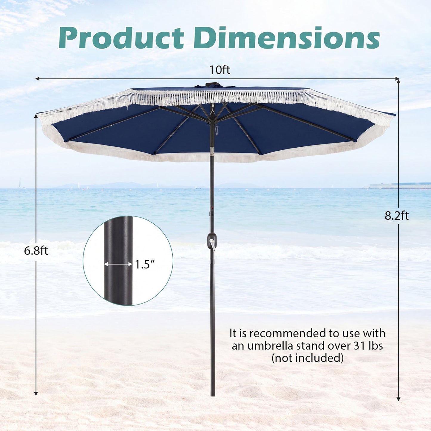 10 Feet Solar Patio Umbrella with 24 LED Lights for Yard
