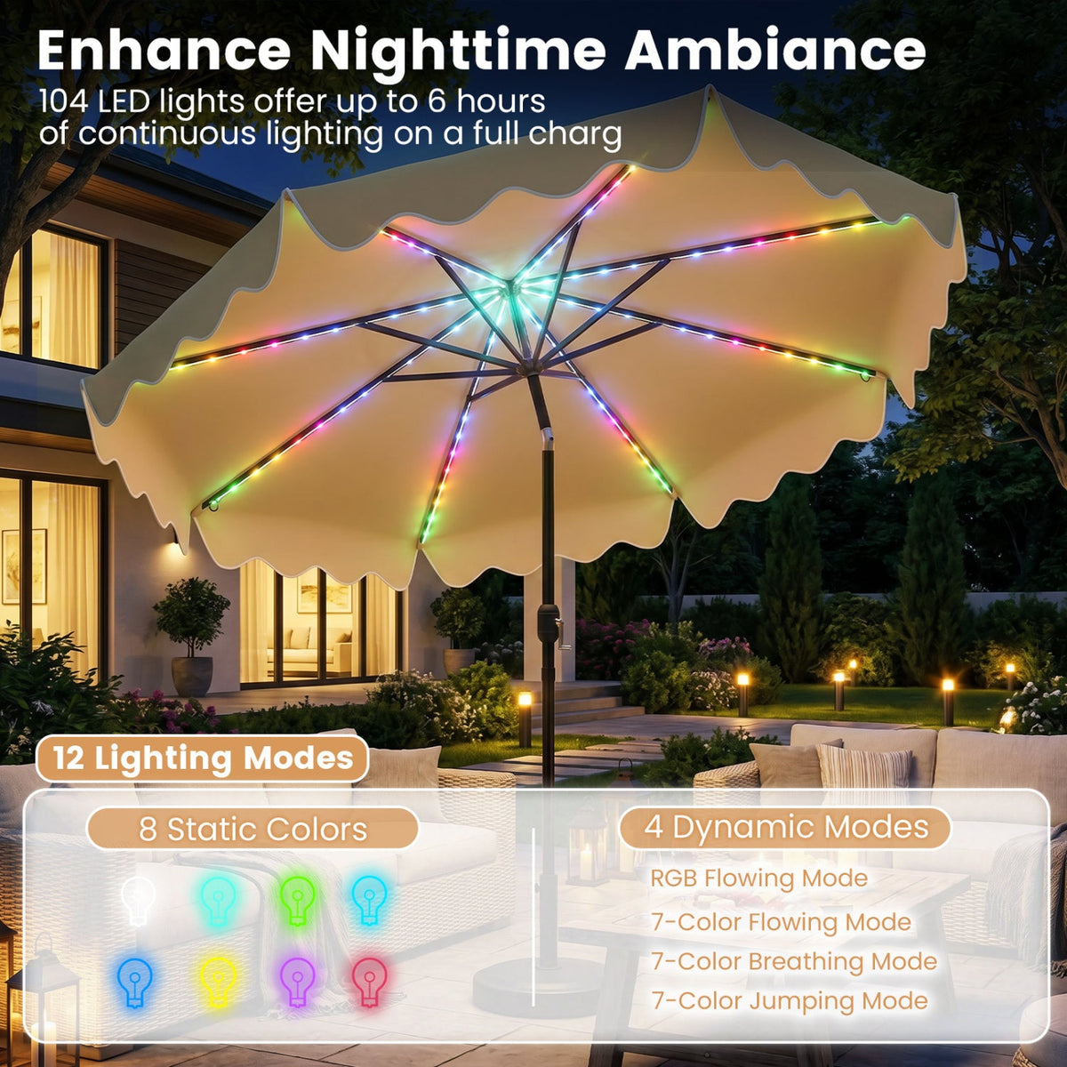 10 Ft Solar Patio Umbrella with LED Lights