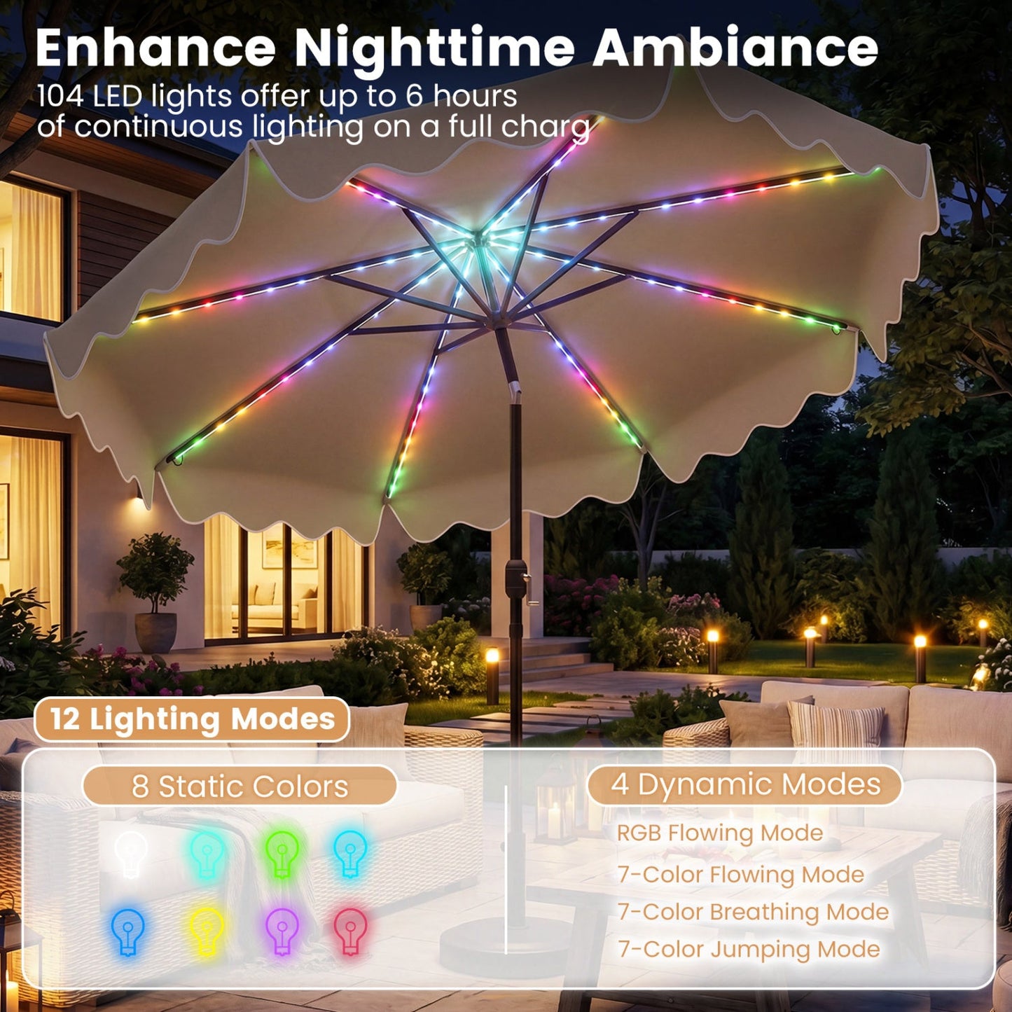 10 Ft Solar Patio Umbrella with LED Lights