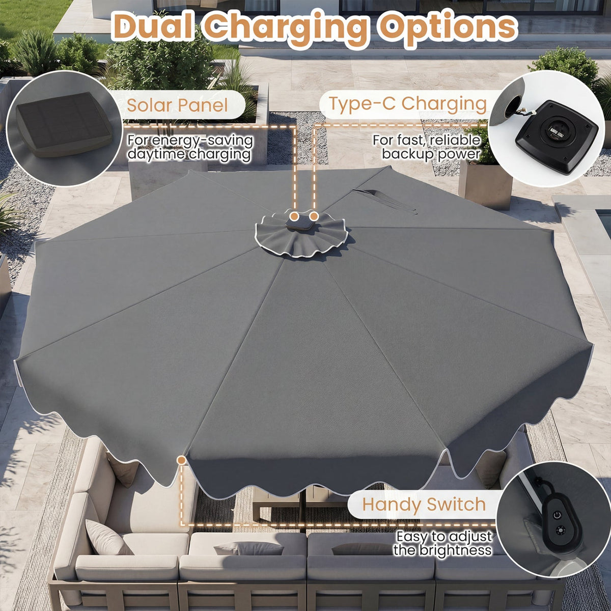 10 Ft Solar Patio Umbrella with LED Lights